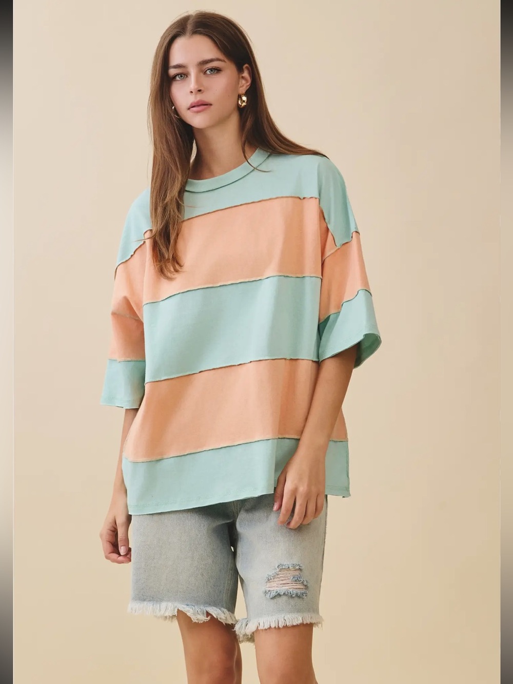 284.  Color Block Patchwork Oversized Short Sleeve Top